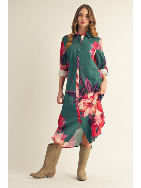 GREEN FLORAL LONG SLEEVE DRESS