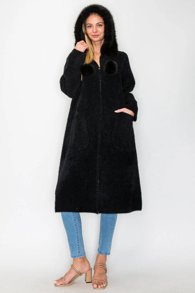 SURAYA BRUSHED FUR KNITTED COAT - BLACK