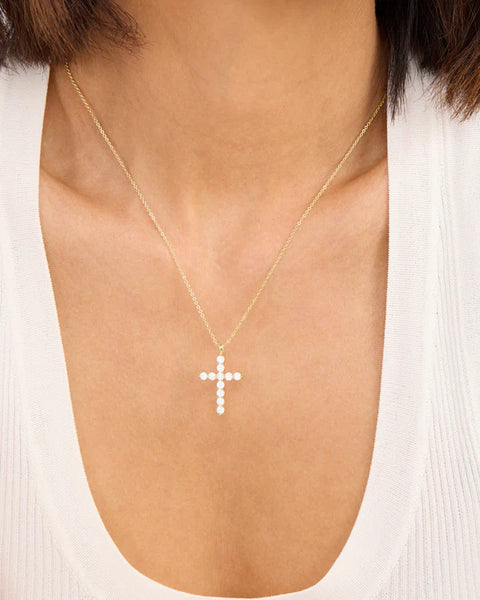 OH SHE FANCY SMALL CROSS PENDANT NECKLACE - GOLD/WHITE