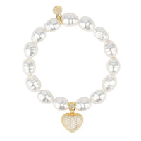 PEARL WHITE PAVE HEART BEADED BRACELET