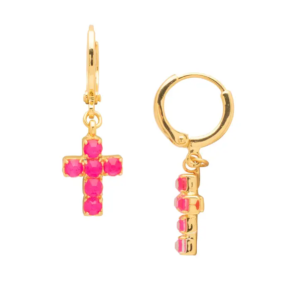CARLY CROSS HUGGIE HOOPS EARRINGS - ELECTRIC PINK