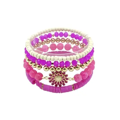 HOT PINK CRYSTAL FLOWER BRACELET 5PC SET