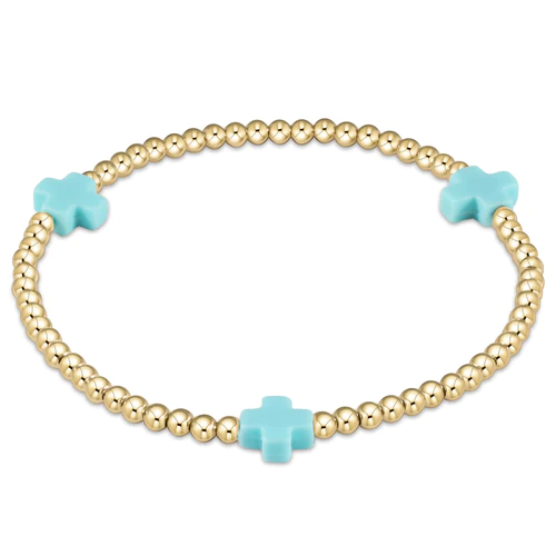 EXTENDS SIGNATURE CROSS GOLD PATTERN 3MM BEAD BRACELET - TURQUOISE