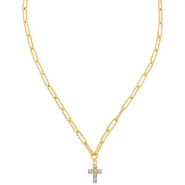 CARLY CROSS PENDANT NECKLACE - AQUAMARINE