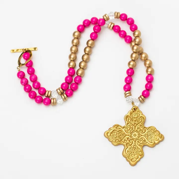 HOT PINK JADE W/ LYDIA CROSS NECKLACE