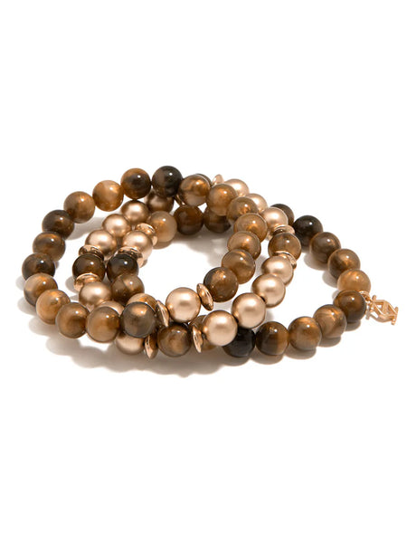 IRIDESCENT RESIN & MATTE METALLIC BEAD BRACELET SET/3 - BROWN