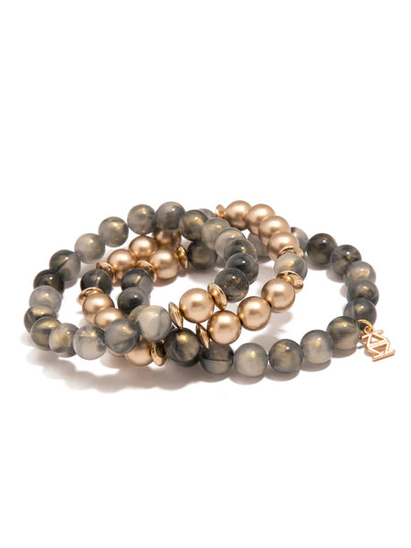 IRIDESCENT RESIN & MATTE METALLIC BEAD BRACELET SET/3 - GRAY