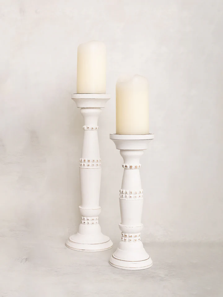 WHITEWASH BEADED CANDLESTICK SET/2
