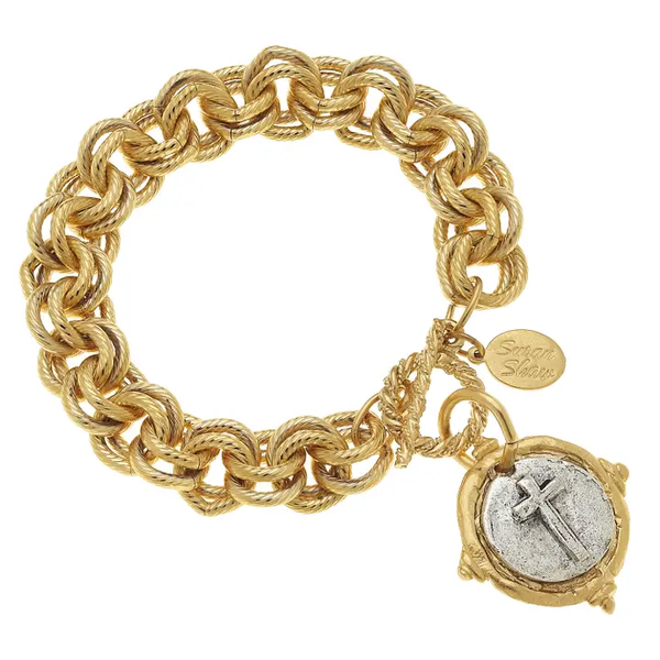 GOLD & SILVER ITALIAN INTAGLIO CROSS BRACELET