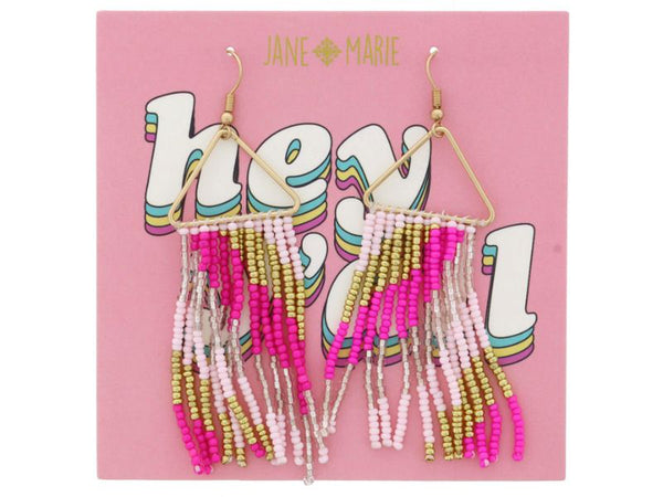 GOLD TRIANGLE HOT PINK FRINGE EARRINGS