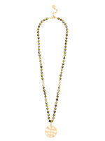 RESIN IRIDESCENT BEADED MEDALLION LONG NECKLACE - OLIVE