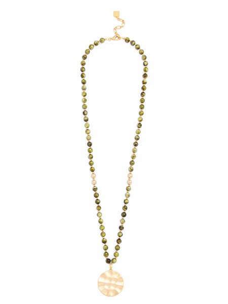 RESIN IRIDESCENT BEADED MEDALLION LONG NECKLACE - OLIVE