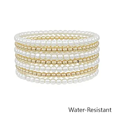 GOLD & PEARL 7 PC SET WATER RESISTANT BRACELETS