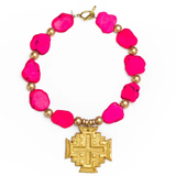 HOT PINK JADE NUGGETS W/ JERUSALEM CROSS NECKLACE