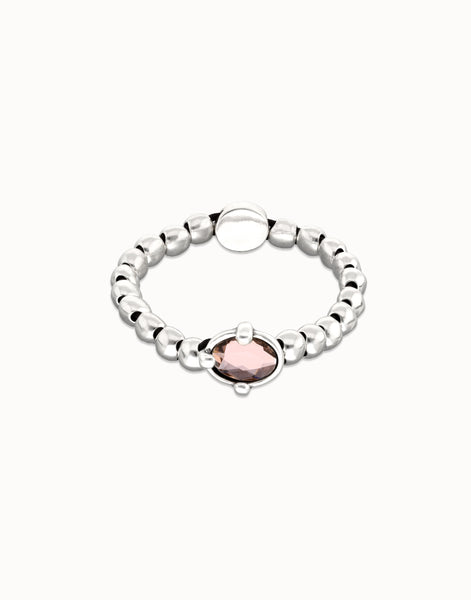 SER DESLUMBRANTE - SILVER BEADED STRETCH  BRACELET W/ PINK OVAL CRYSTAL