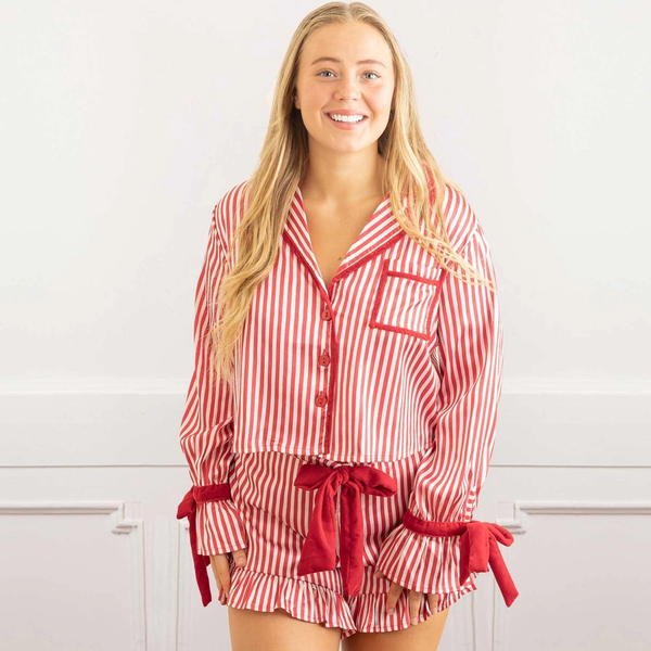 RED STRIPE SATIN RUFFLE SHORT PJ SET