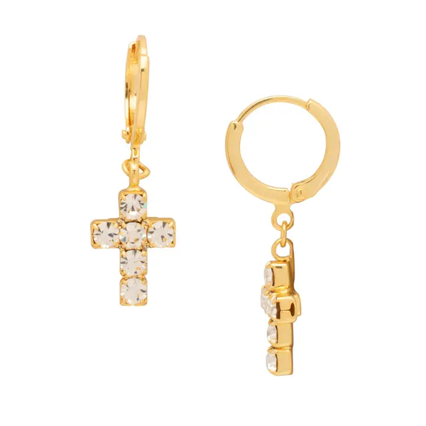 CARLY CROSS HUGGIE HOOP EARRING - CRYSTAL