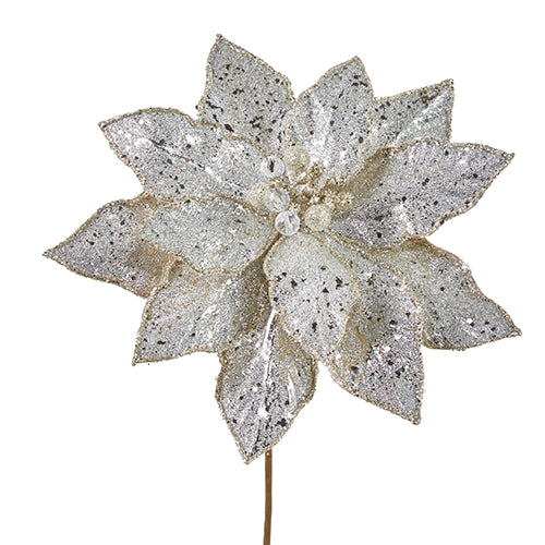 SILVER GLITTERED POINSETTIA STEM 23"