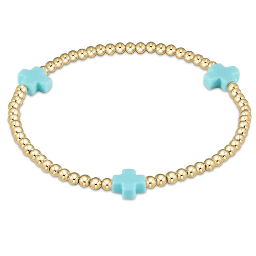 EGIRL SIGNATURE CROSS GOLD PATTERN 3MM BEAD BRACELET - TURQUOISE