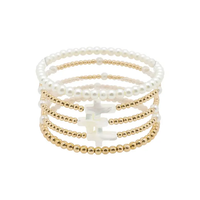 GOLD BEAD/WHITE CROSS BRACELET 5PC SET