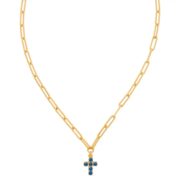 CARLY CROSS PENDANT NECKLACE - SAPPHIRE