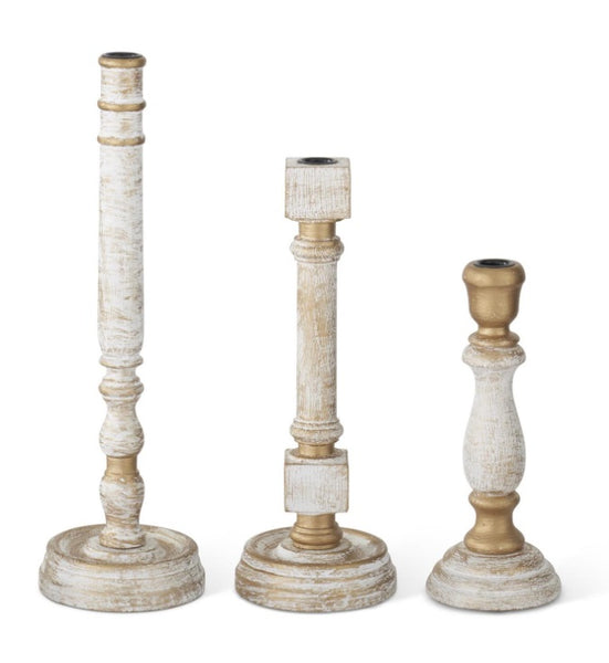 WHITEWASH WOOD TAPER CANDLE HOLDERS SET/3