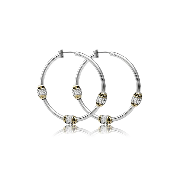 BEADED PAVE TRIPLE BEAD HOOP EARRINGS