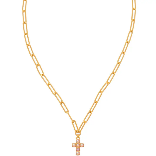 CARLY CROSS PENDANT NECKLACE - LIGHT ROSE AB