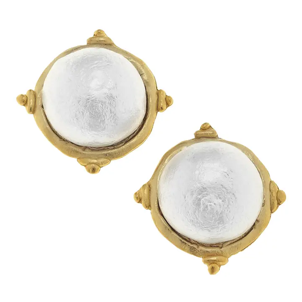 GOLD & WHITE PEARL CABOCHON EARRINGS