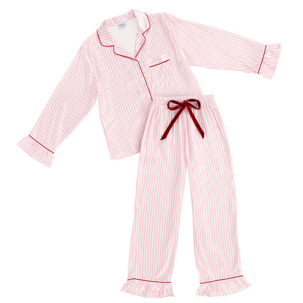 PINK STRIPE SATIN RUFFLE PJ SET