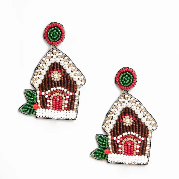 RED GINGERBREAD HOUSE BEAD EARRINGS