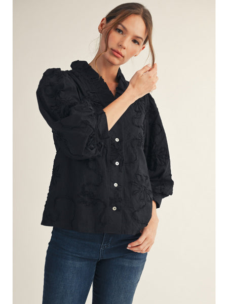 BLACK EMBROIDERED PUFF SLEEVE TOP