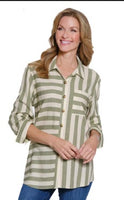 PERFECT STRIPE LINEN TOP - MOSS GREEN