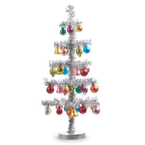 VINTAGE TINSEL TREE W/ ORNAMENTS 19.5"