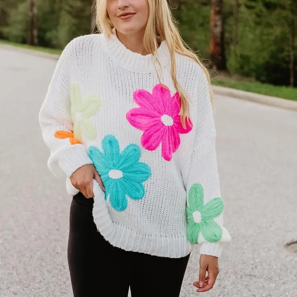 BRIGHT MY DAY FLORAL STITCHED SWEATER