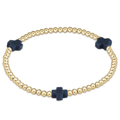 EXTENDS SIGNATURE CROSS GOLD PATTERN 3MM BEAD BRACELET - NAVY