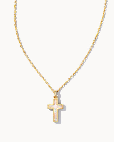 CROSS PENDANT NECKLACE - GOLD/WHITE OPAL