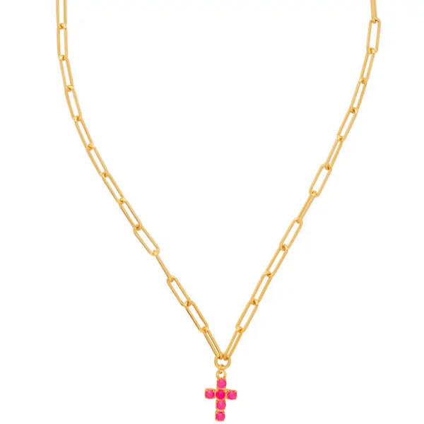 CARLY CROSS PENDANT NECKLACE - ELETRIC PINK