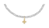 EXTENDS BRIGHT SILVER FACETED HEMATITE 2MM BEAD BRACELET - SIGNATURE CROSS GOLD CHARM