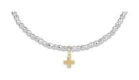 EXTENDS BRIGHT SILVER FACETED HEMATITE 2MM BEAD BRACELET - SIGNATURE CROSS GOLD CHARM