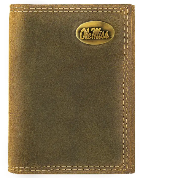 Ole Miss Rebels Vintage Tan Leather Trifold Wallet